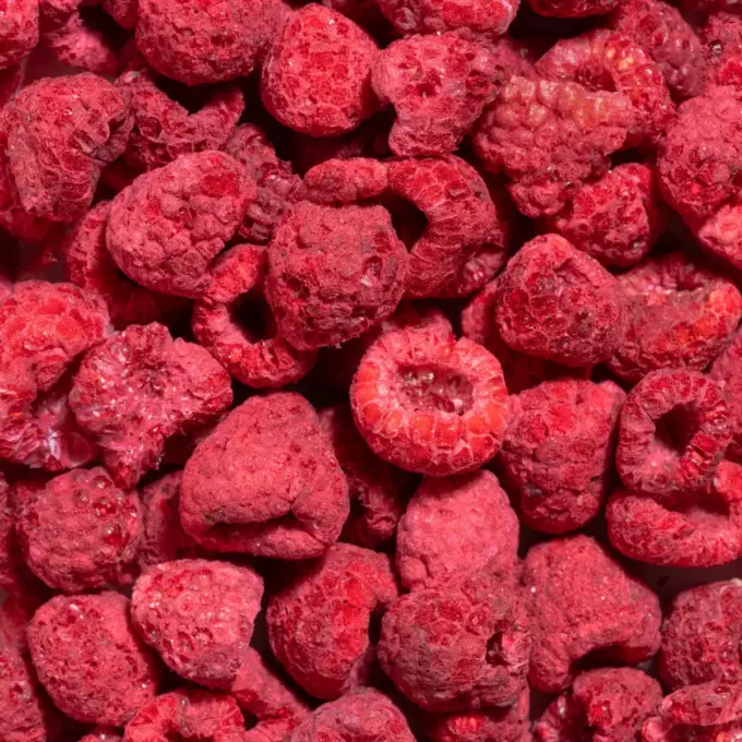 Billedet viser et makrobillede af NutriPurs frysetørrede økologiske hindbær.