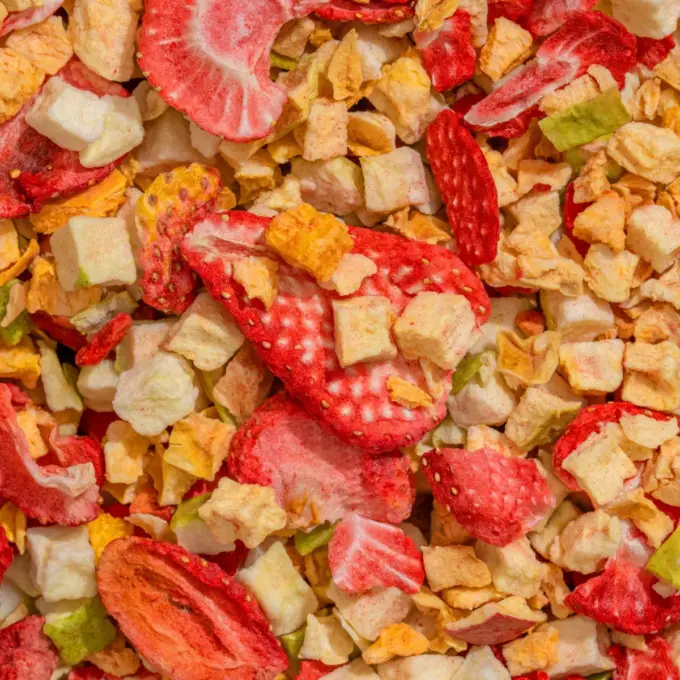 Billedet viser et makrobillede af den frysetørrede frugtblanding ,,Økologiske Favoritter’’ fra NutriPur