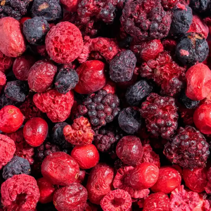 Billedet viser et makrobillede af NutriPurs frysetørrede skovbær