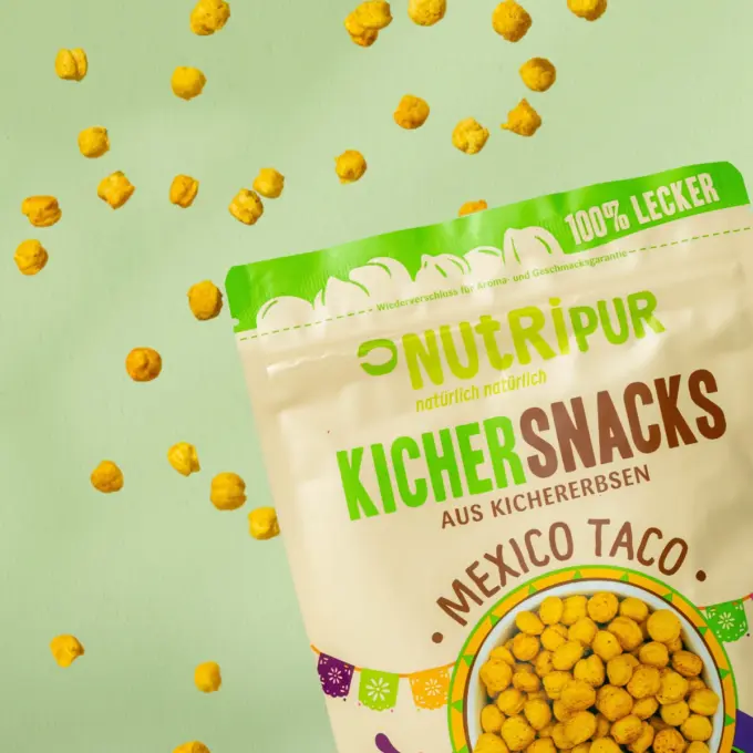Detaljebillede af emballagen og de ristede kikærtesnacks “Mexico Taco”.