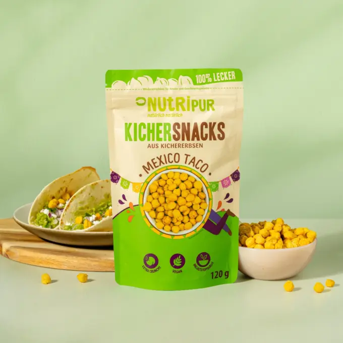Detaljebillede af emballagen og de ristede kikærtesnacks “Mexico Taco”.