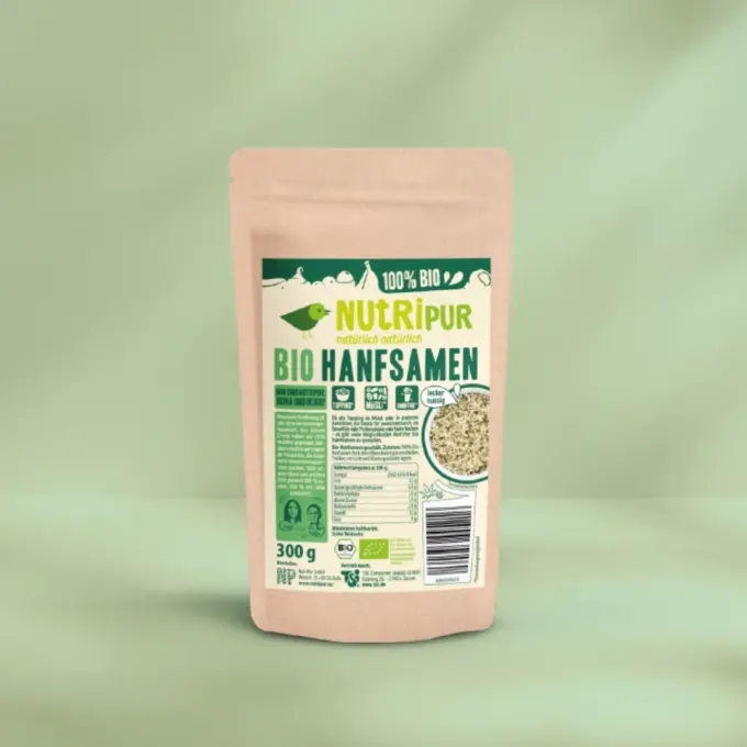 Her er et produktbillede af NutriPurs økologiske hampefrø