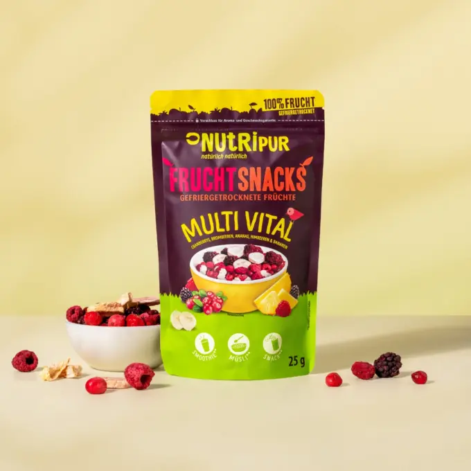 Her er et produktbillede af NutriPurs frysetørrede frugtblanding “Multi Vital”