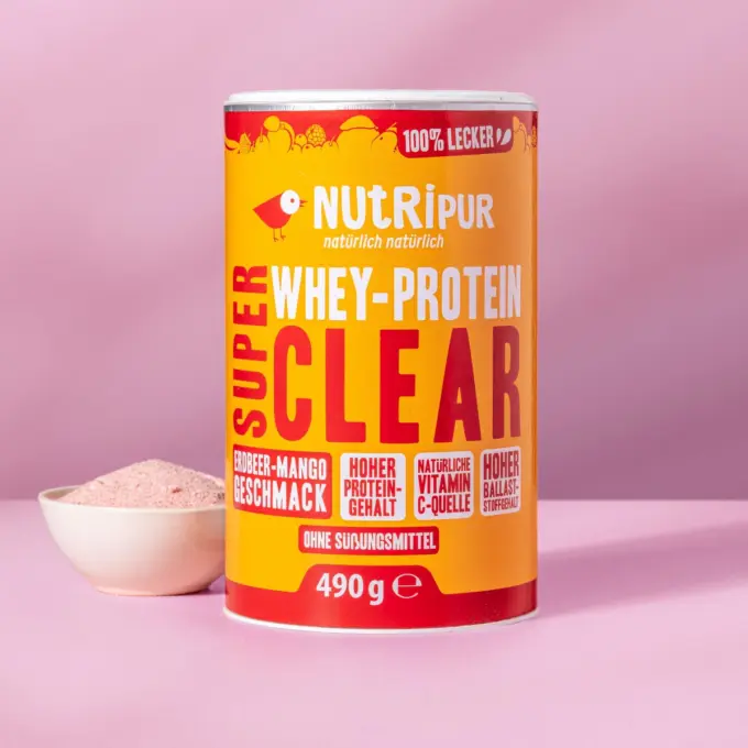 Her er et produktbillede af SuperClear Proteinpulver med jordbær- og mangosmag.