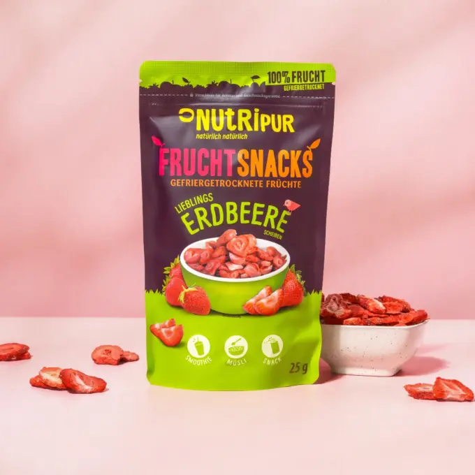 Her er et produktbillede af NutriPurs frysetørrede jordbær i skiver