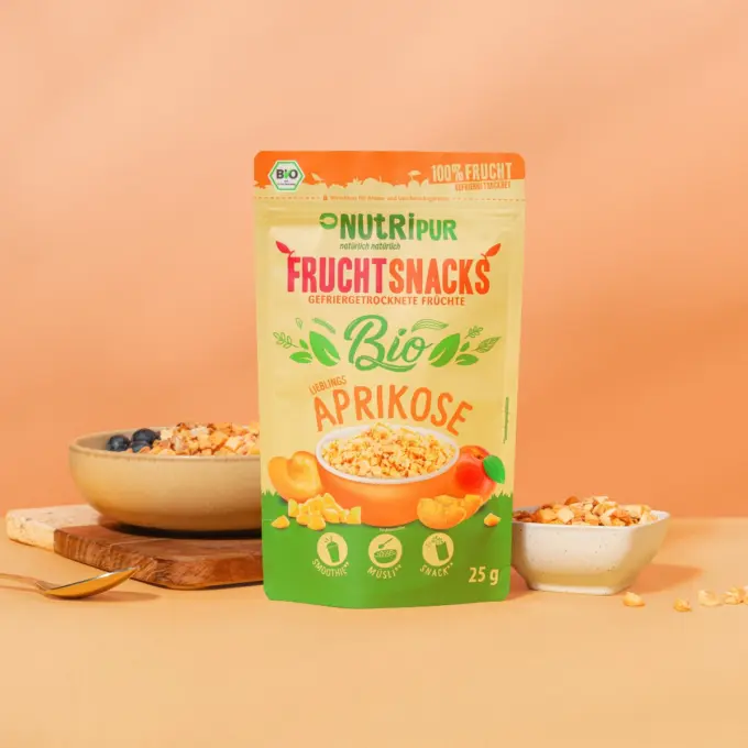 Her er et produktbillede af NutriPurs frysetørrede ,,økologiske abrikoser’’.