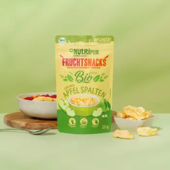Her er et produktbillede af NutriPurs frysetørrede ,,økologiske æblebåde’’.