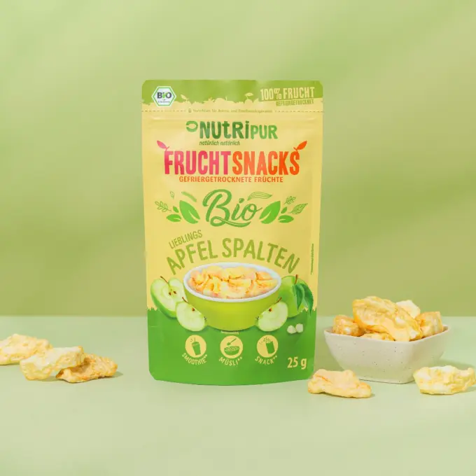 Her er et produktbillede af NutriPurs frysetørrede ,,økologiske æblebåde’’.