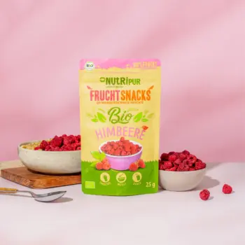 Her er et produktbillede af NutriPurs frysetørrede økologiske hindbær.
