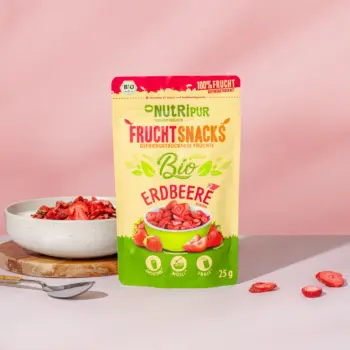 Her er et produktbillede af NutriPurs frysetørrede økologiske jordbær