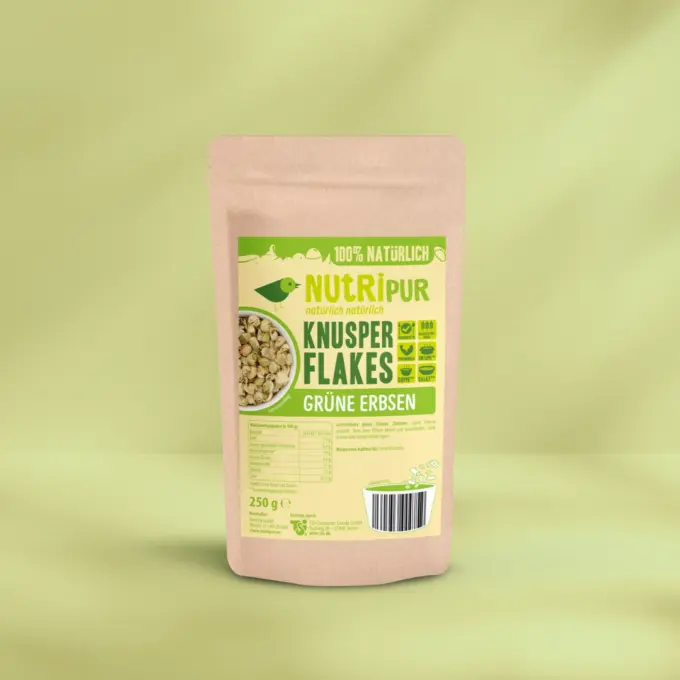 Her er et produktbillede af Nutripurs grønne ærteflager.