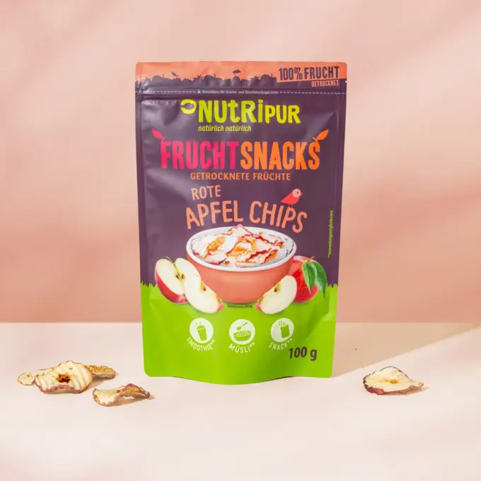 Her er et produktbillede af NutriPurs tørrede æblechips.