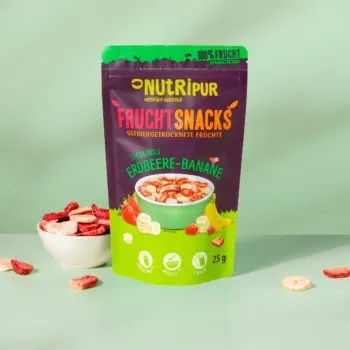 Her er et produktbillede af NutriPurs frysetørrede varianter af “Favorit” med jordbær-banan.