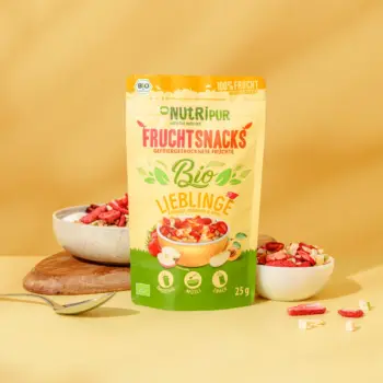 Her er et produktbillede af den frysetørrede frugtblanding “Økologiske Favoritter” fra NutriPur.