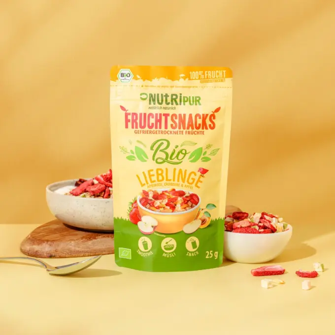 Her er et produktbillede af den frysetørrede frugtblanding “Økologiske Favoritter” fra NutriPur.