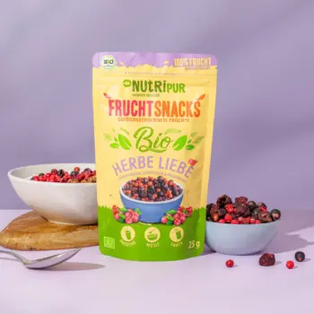 Her er et produktbillede af den frysetørrede økologiske frugtblanding ,,Bittersød Kærlighed ’’ fra NutriPur.