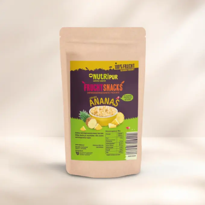 Her er et produktbillede af den lille frysetørrede ananas.