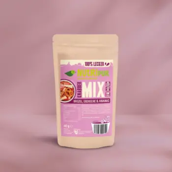 Her er et produktbillede af den økologiske “KnabberMix” med pretzels, jordbær og ananas.