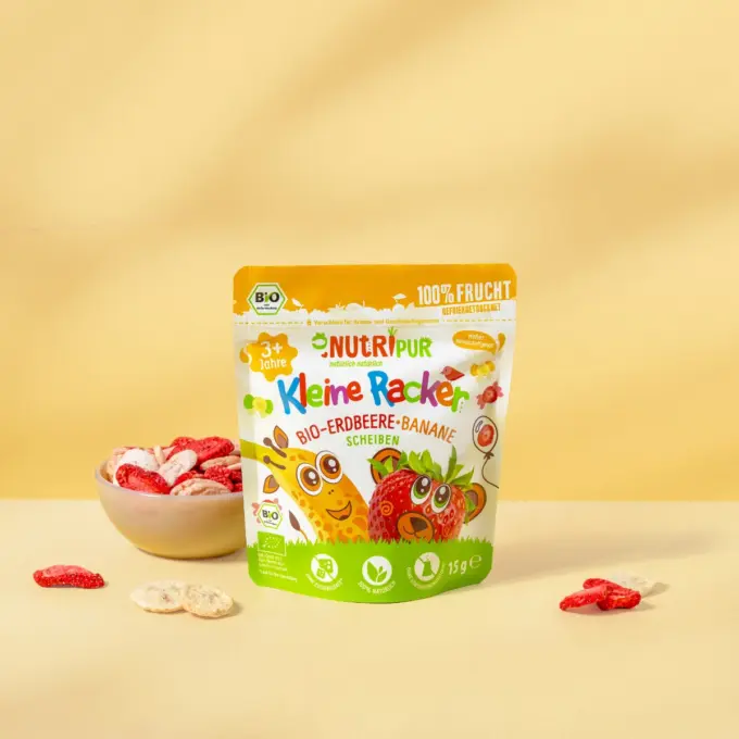 Her er et produktbillede af “Lille Spilopmager” med jordbær-banan fra NutriPur.