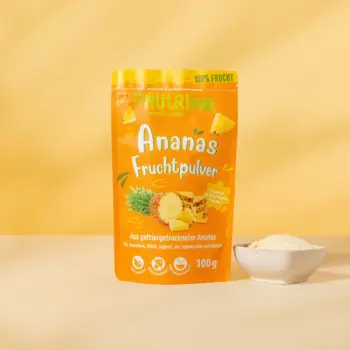 Her er et produktbillede af det frysetørrede ananaspulver fra NutriPur.