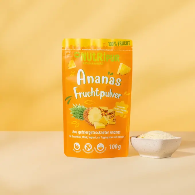 Her er et produktbillede af det frysetørrede ananaspulver fra NutriPur.