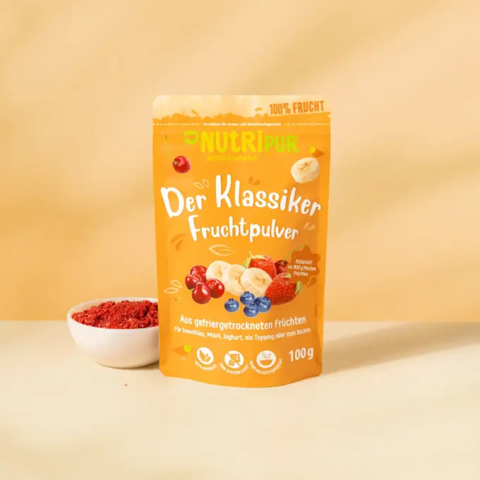 Her er et produktbillede af det frysetørrede frugtpulver “Den Klassiske” fra NutriPur.