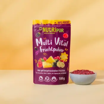 Her er et produktbillede af det frysetørrede frugtpulver “Multi Vital” fra NutriPur.
