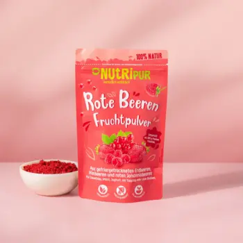 Her er et produktbillede af det frysetørrede frugtpulver med Røde Bær fra NutriPur.