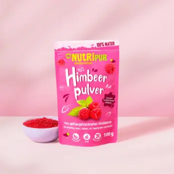 Her er et produktbillede af det frysetørrede hindbærpulver fra NutriPur.