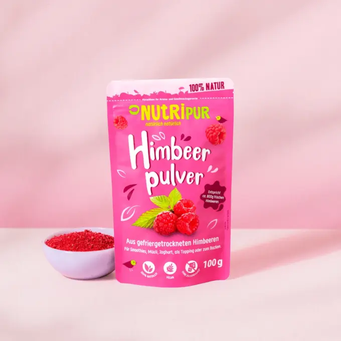 Her er et produktbillede af det frysetørrede hindbærpulver fra NutriPur.