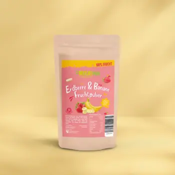 Her er et produktbillede af det frysetørrede frugtpulver med jordbær-banan fra NutriPur.