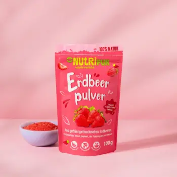 Her er et produktbillede af det frysetørrede jordbærpulver fra NutriPur.
