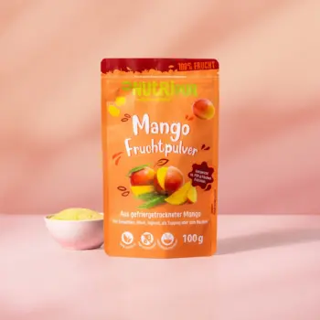 Her er et produktbillede af det frysetørrede mangopulver fra NutriPur.