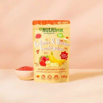 Her er et produktbillede af det frysetørrede økologiske frugtpulver med jordbær-banan fra NutriPur.