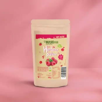 Her er et produktbillede af NutriPurs frysetørrede økologiske hindbærfrugtpulver.