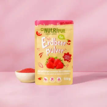 Her er et produktbillede af det frysetørrede økologiske frugtpulver med jordbær fra NutriPur.