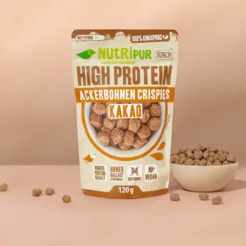 Her er et produktbillede af hestebønne-crispies med kakao fra NutriPur.