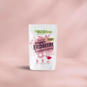 Her er et produktbillede af Nutripurs knasende topping med yoghurt og jordbær.