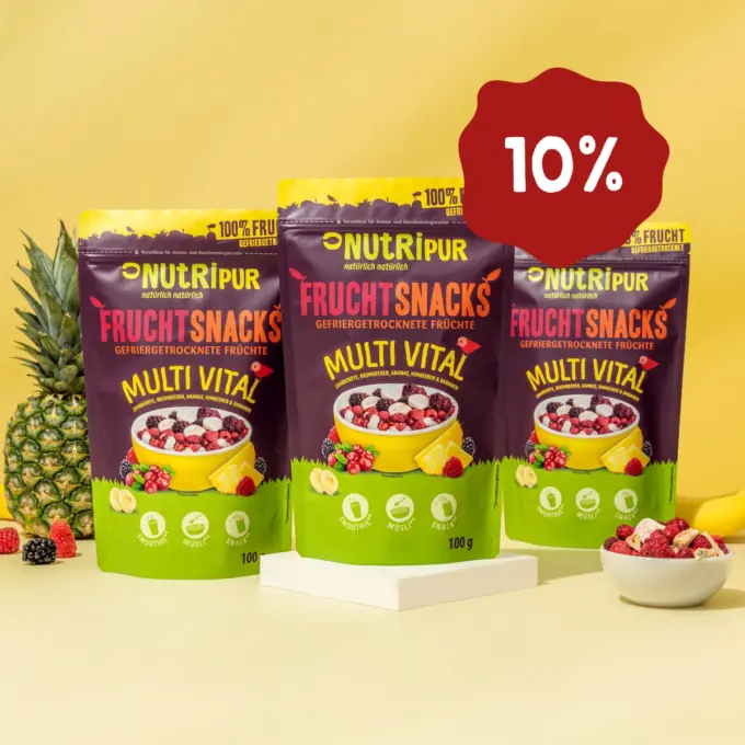 Her er et produktbillede af tilbuddet med de frysetørrede økologiske frugter "Multi Vital" 3x100 gram.