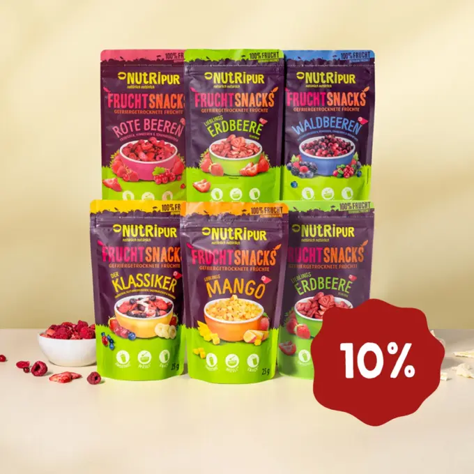 Her er et produktbillede af tilbuddet med de frysetørrede økologiske frugter "Blandinger i en SixPack" 6x25 gram.