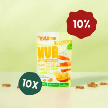 Her er et produktbillede af tilbuddet med det bløde frugtslik “Softies” med banan, pære og æble med crispies i 10x35 gram.