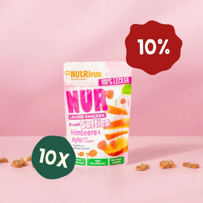 Her er et produktbillede af tilbuddet med det bløde frugtslik “Softies” med hindbær og æble med crispies i 10x35 gram.