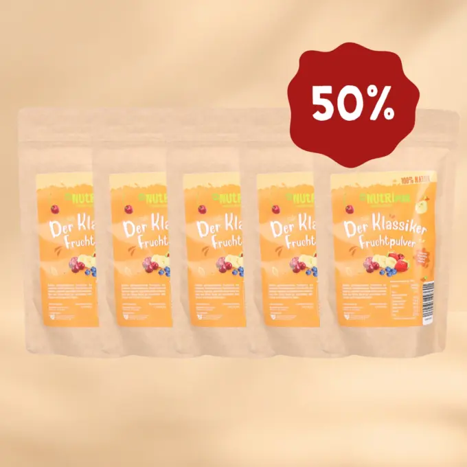 Her er et produktbillede af tilbuddet med det frysetørrede økologiske frugtpulver “Klassiker” i 5x100 gram.