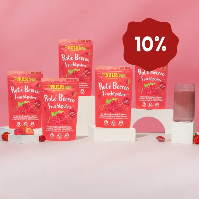 Her er et produktbillede af tilbuddet med det frysetørrede økologiske frugtpulver “Røde Bær” i 5x100 gram.