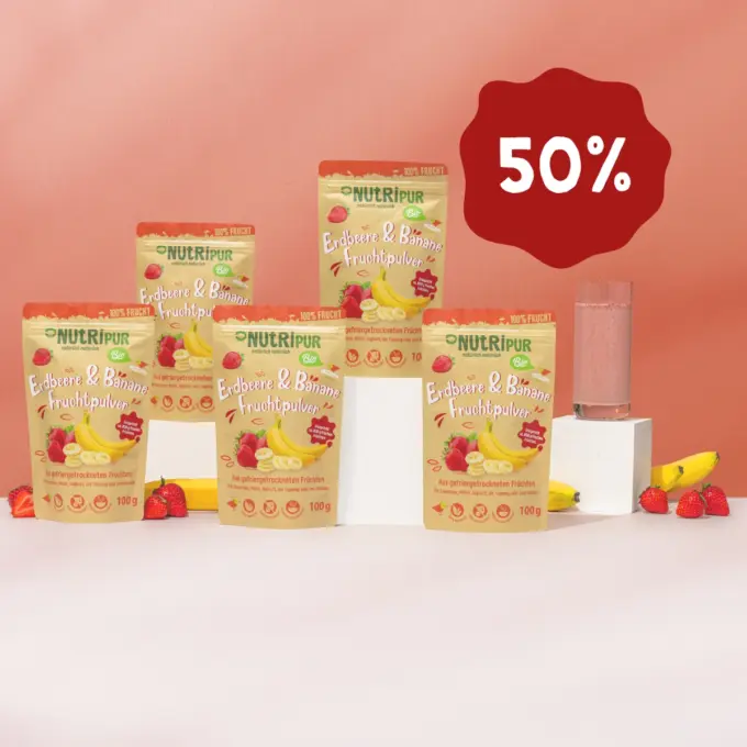 Her er et produktbillede af tilbuddet med det frysetørrede økologiske frugtpulver “Jordbær-Banan” i 5x100 gram.