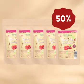 Her er et produktbillede af tilbuddet med det frysetørrede økologiske frugtpulver “Kirsebær og Bær” i 5x100 gram.