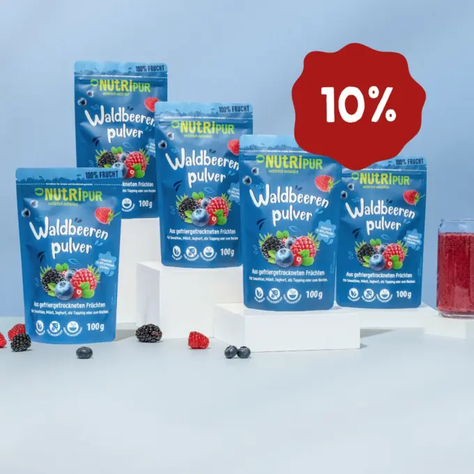 Her er et produktbillede af tilbuddet med det frysetørrede økologiske frugtpulver “Skovbær” i 5x100 gram.