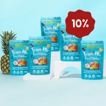 Her er et produktbillede af tilbuddet med det frysetørrede økologiske frugtpulver “Tropic-Mix” i 5x100 gram.