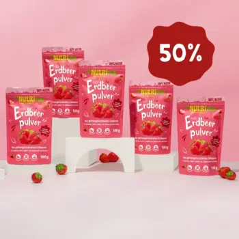 Her er et produktbillede af tilbuddet med det frysetørrede jordbærfrugtspulver i 5x100 gram.