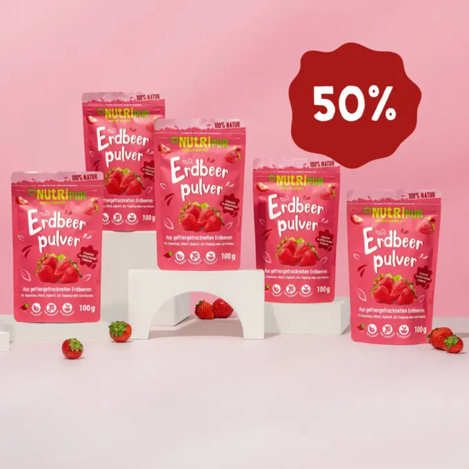Her er et produktbillede af tilbuddet med det frysetørrede jordbærfrugtspulver i 5x100 gram.